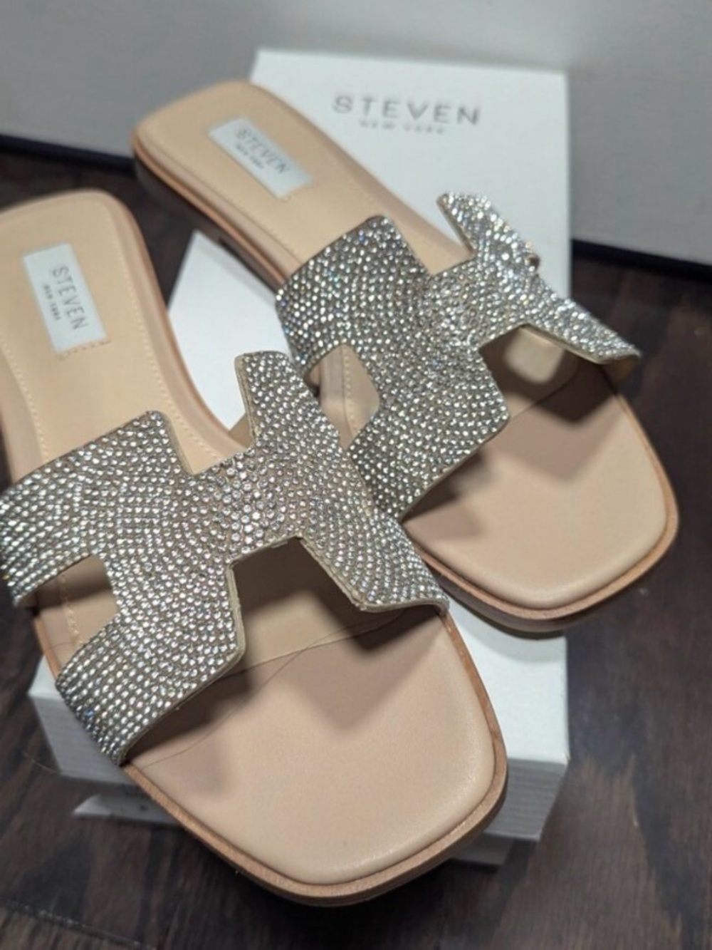 Steven By Steve Madden Silver Rhinestone Slide Sandals